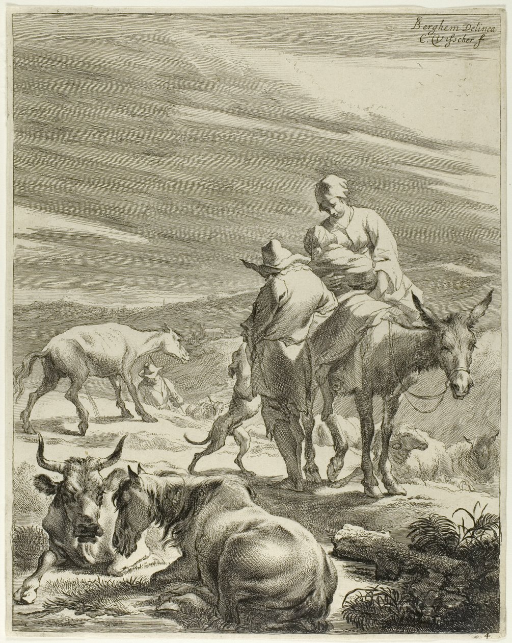 Een moeder en een kind op een ezel, plaat 4 uit Vier landschappen door Cornelis Visscher