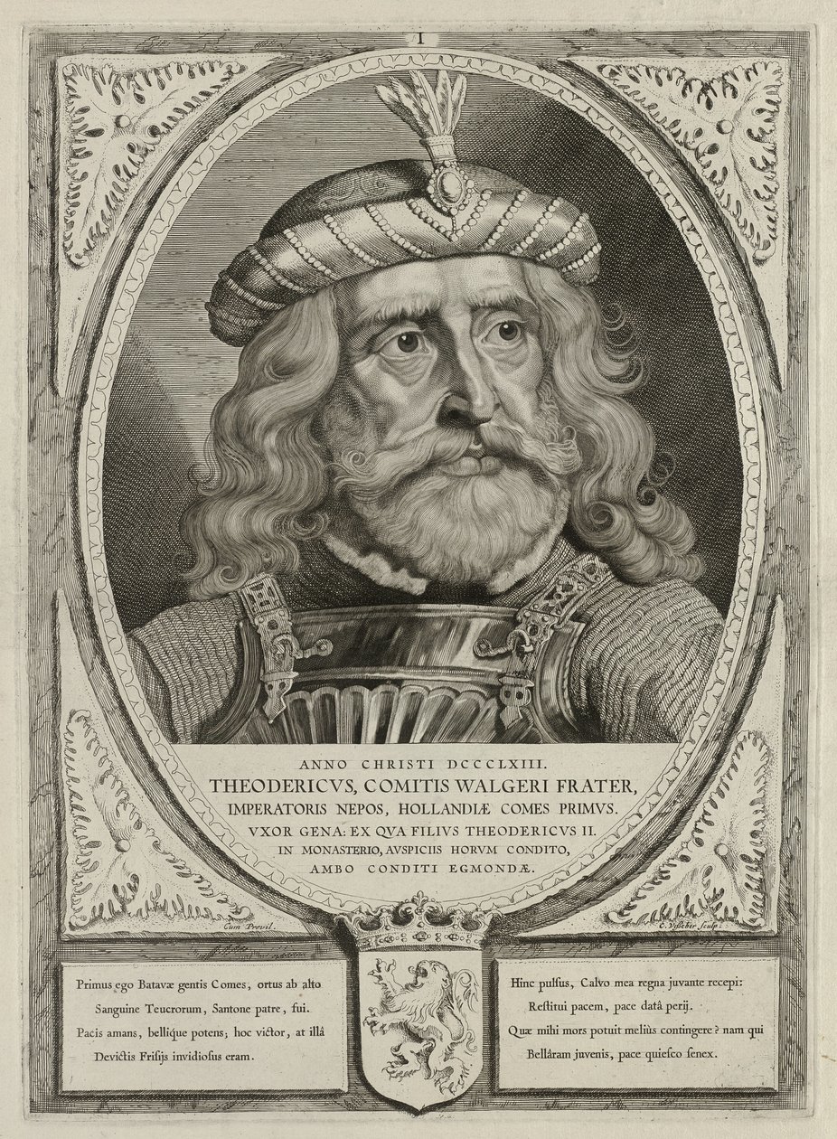 Dirk I, graaf van Holland, in een harnas. De omlijsting is versierd met het wapen van Holland. NL-HlmNHA 1477 53012894 door Cornelis Visscher