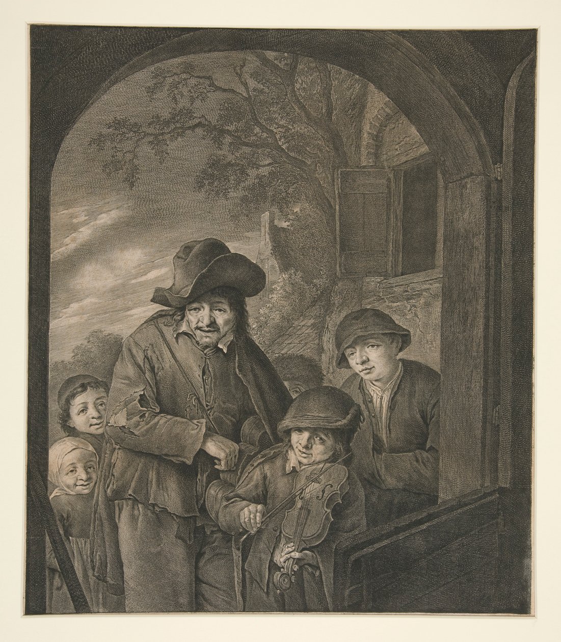Zonder titel (Muzikanten bij een herbergdeur) door Cornelis Visscher