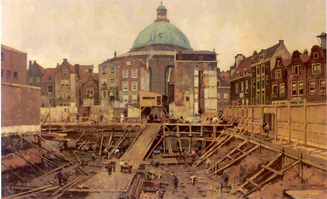 Bouwput bij het Hekelveld met de Ronde Lutherse Kerk door Cornelis Vreedenburgh