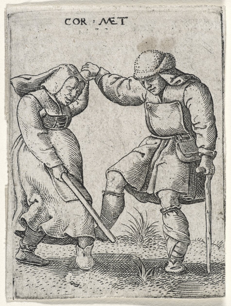 Een man met een verbonden voet die danst met een vrouw, 1572 (gravure op laid papier) door Cornelis after Massys