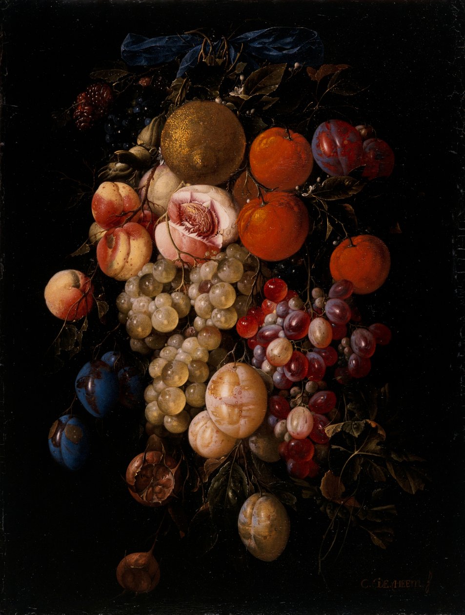Stilleven van druiven, kersen en pruimen hangend aan een spijker met een blauw lint door Cornelis de Heem