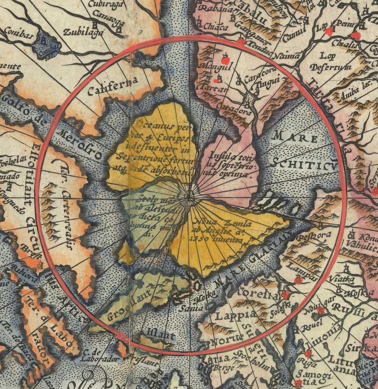 Detail van wereldkaart - Artic met magnetisch eiland als Noordpool door Cornelis de Jode