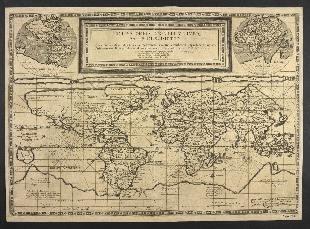 Wereldkaart, Totius Orbis cognier universalis descriptio door Cornelis de Jode