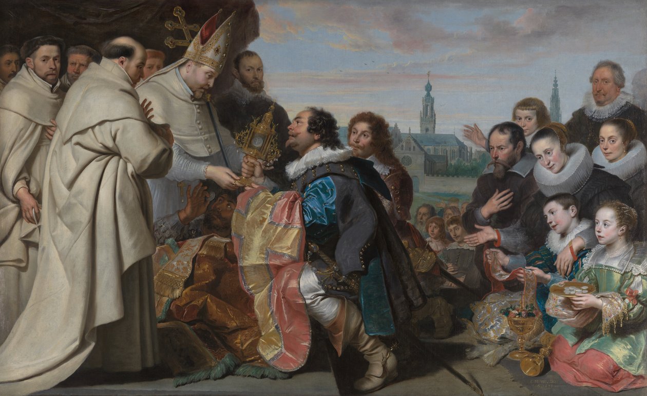 De teruggave van de kerkschatten aan Sint Norbertus na de nederlaag van de ketterse Tankelin, met een portret van de familie Snoeck door Cornelis de Vos