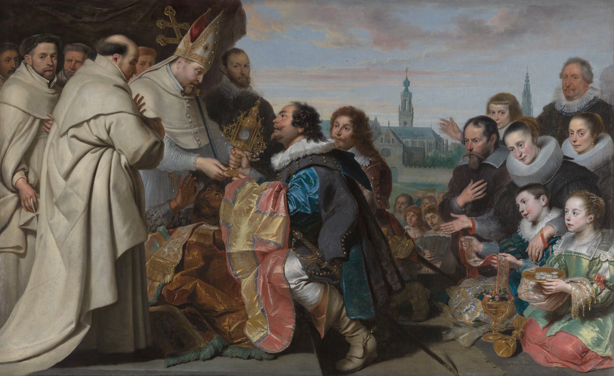 De teruggave van de kerkschatten aan de heilige Norbertus na de nederlaag van de ketter Tankelin, met een portret van de familie Snoeck door Cornelis de Vos