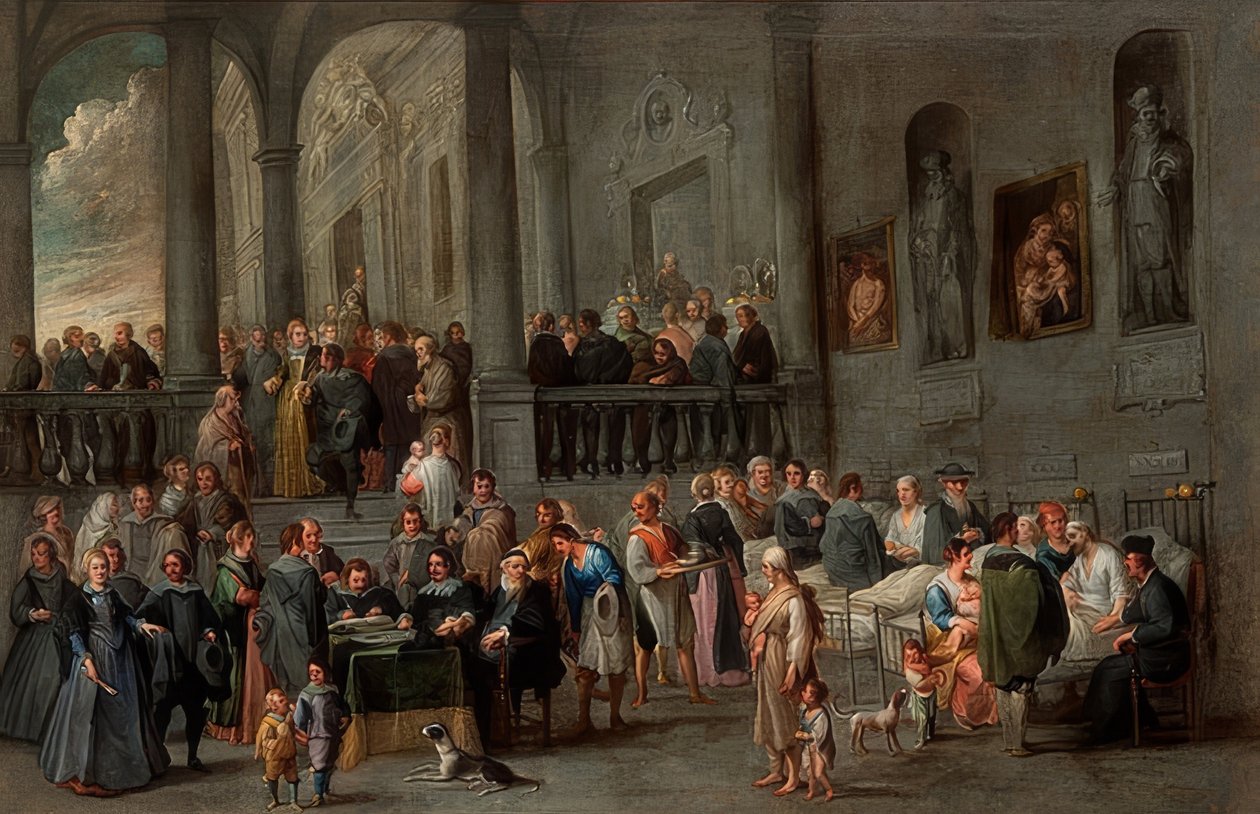 Het bezoeken van de zieken (Uit een cyclus met de zeven werken van barmhartigheid) door Cornelis de Wael