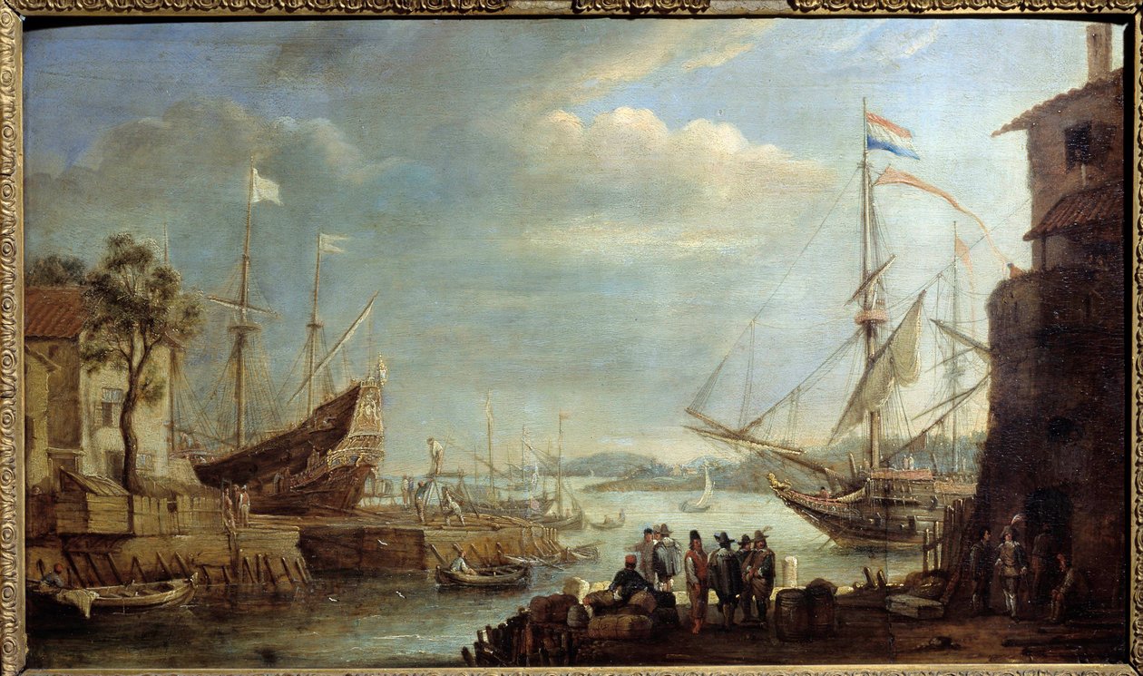 Zeehaven in de 17e eeuw Schilderij door Cornelius de Waez (1592-1667) 17e eeuw Chalons sur Marne, Museum voor Schone Kunsten door Cornelis de Wael