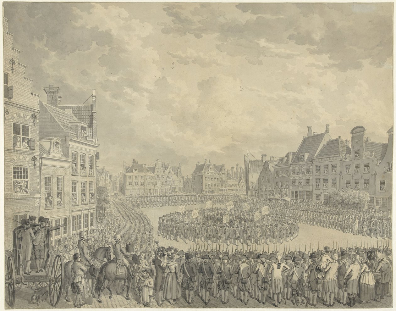 Beëdiging van het College van Gecommitteerden door de schutter-officieren op de Neude te Utrecht, 1786 door Cornelis van Cuylenburgh (II) (signed by artist)