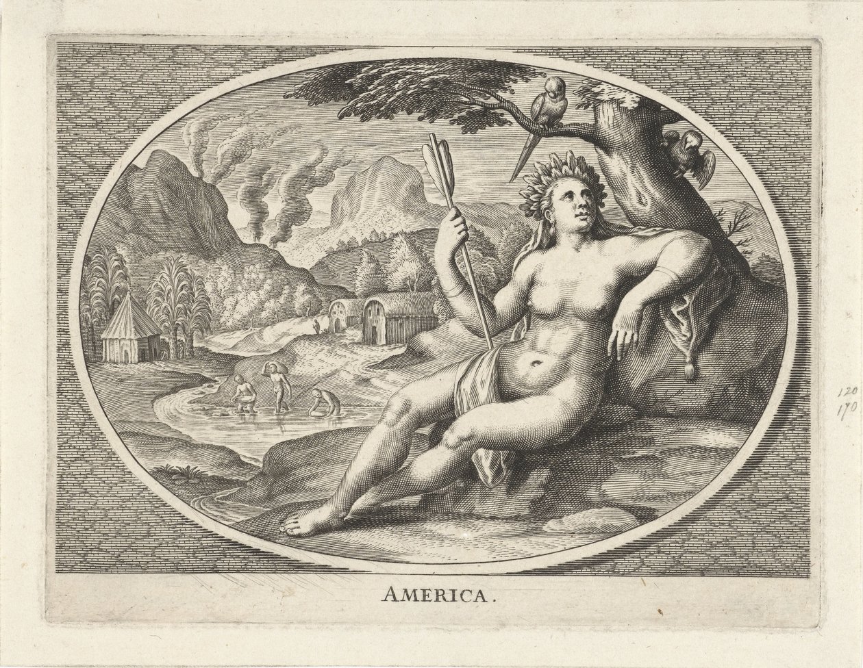 Vrouwelijke personificatie van werelddeel Amerika als vrouw met hoofdtooi van veren en pijl in landschap door Cornelis van Dalen (II)