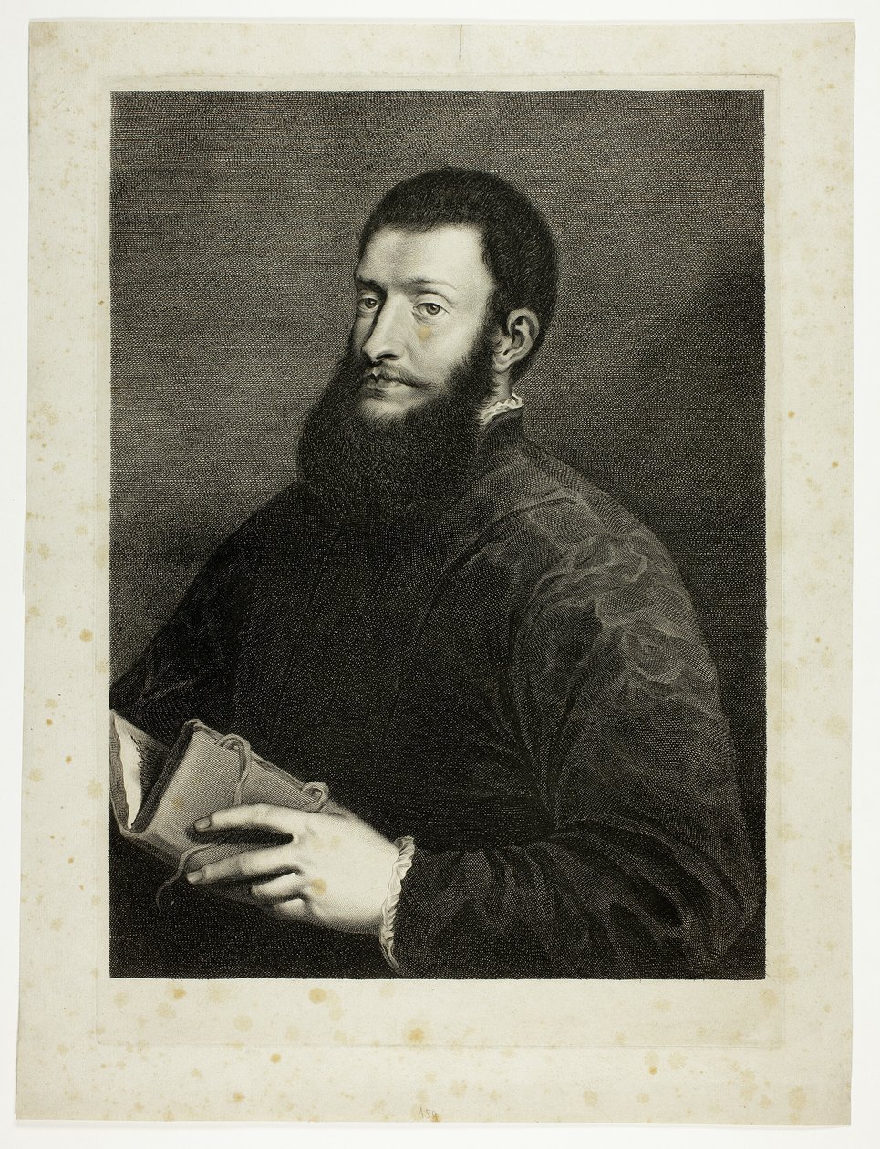Portret van de dichter Pietro Aretino, uit Cabinet Reynst; Variarum imaginum a celeberrimis artificibus pictarum Caelaturae (Cabinet Reynst: Gravures van verschillende afbeeldingen geschilderd door beroemde kunstenaars) door Cornelis van Dalen II