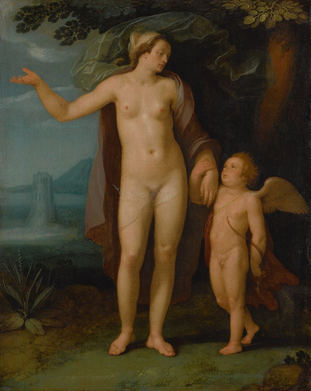 Nederlands: Venus en Cupido Venus en Cupido in een landschap door Cornelis van Haarlem