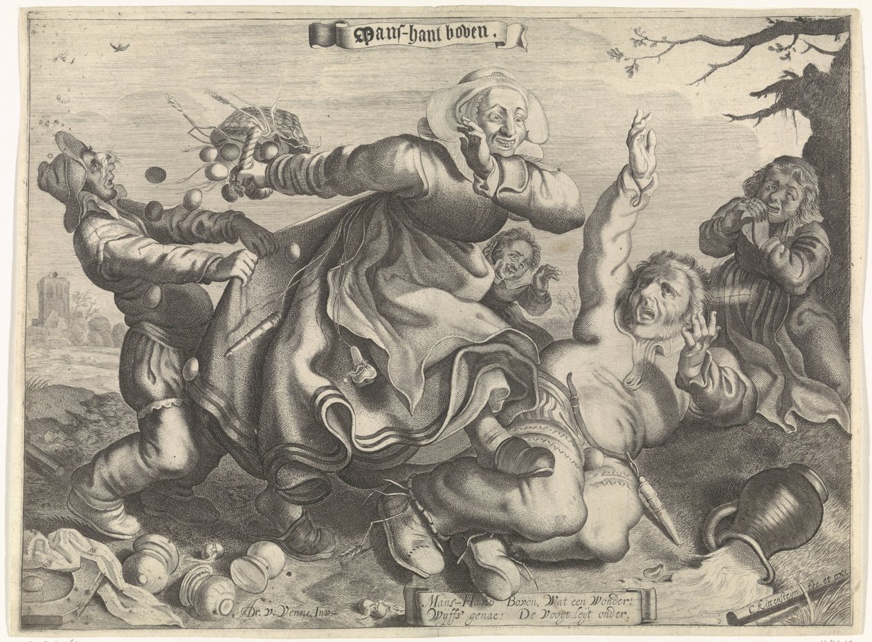 Een vrouw die haar man vertrapt Mans-hant boven (titel op object) door Cornelis van Kittensteyn