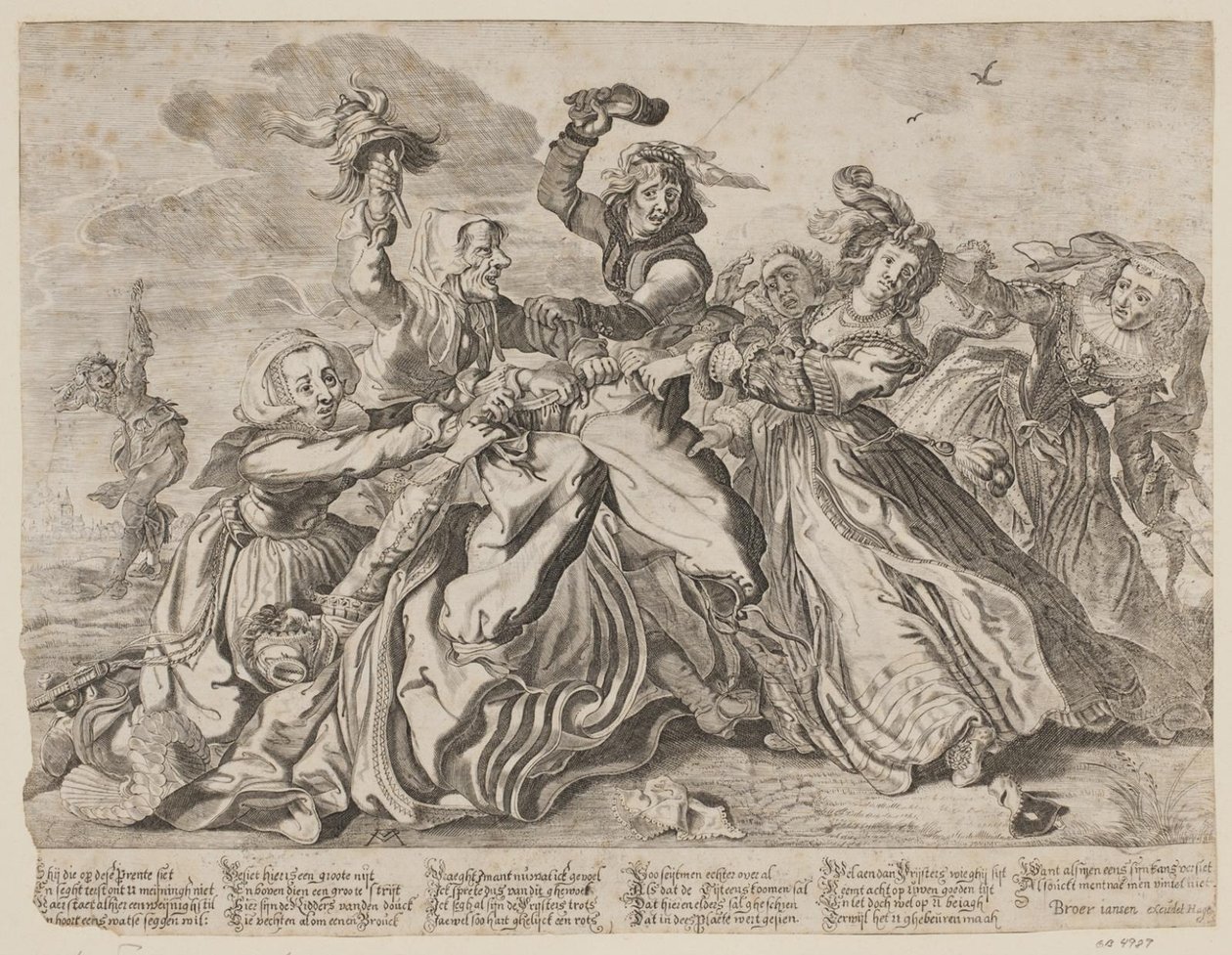 Zeven vrouwen vechten om een broek van een man door Cornelis van Kittensteyn