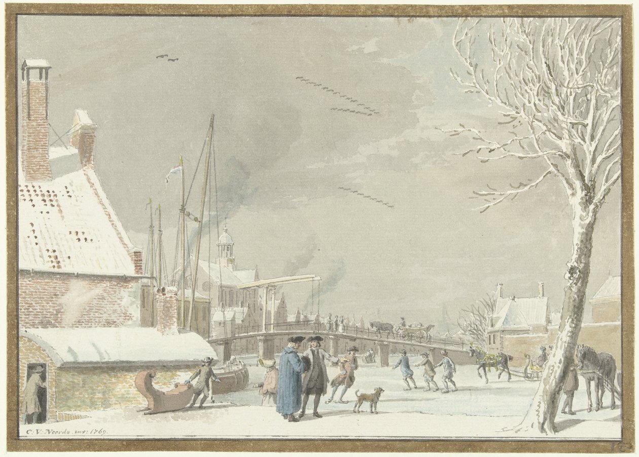 Bevroren stadsgracht met schaatsers door Cornelis van Noorde