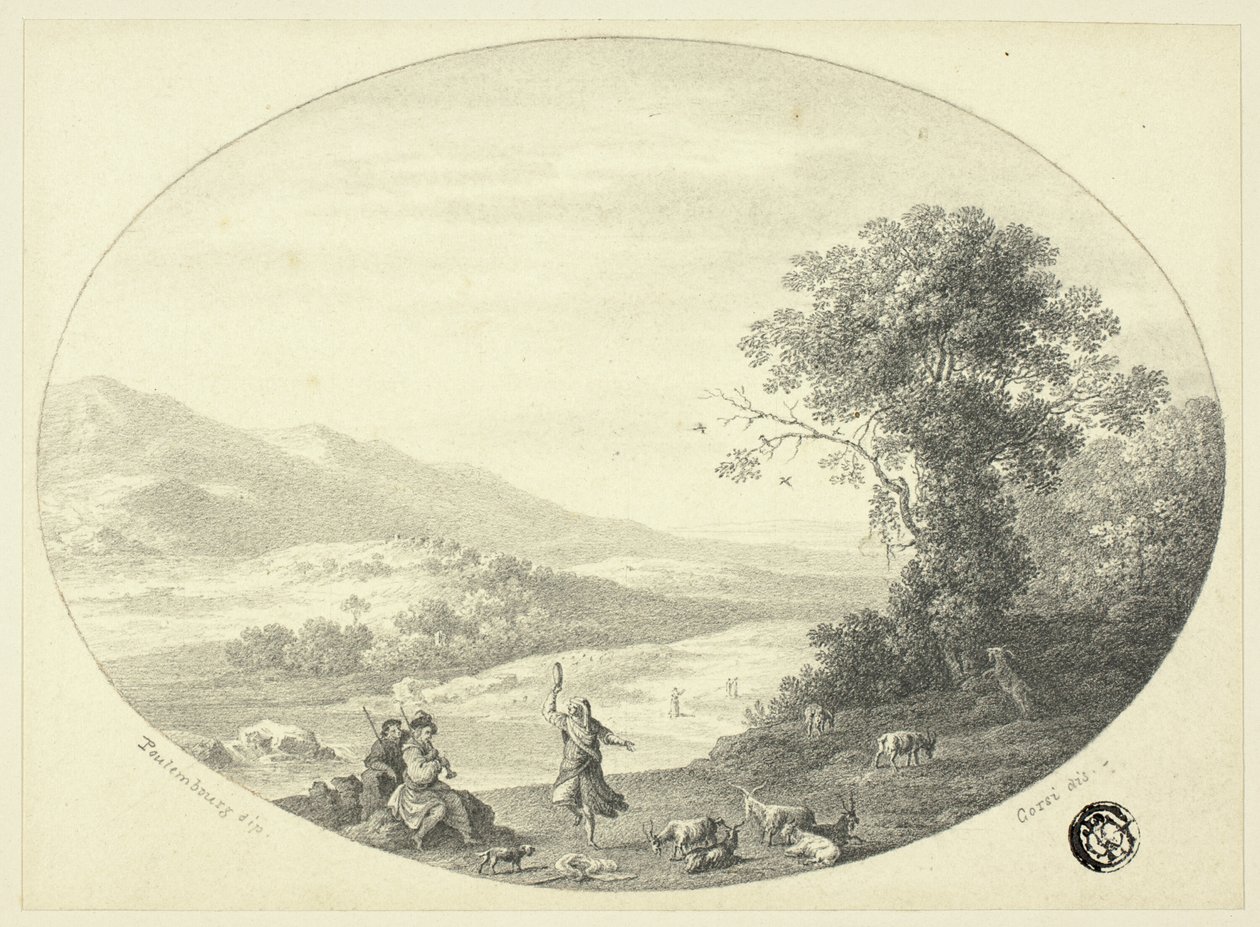Italiaans landschap met danser, muzikanten en geiten door Cornelis van Poelenburgh