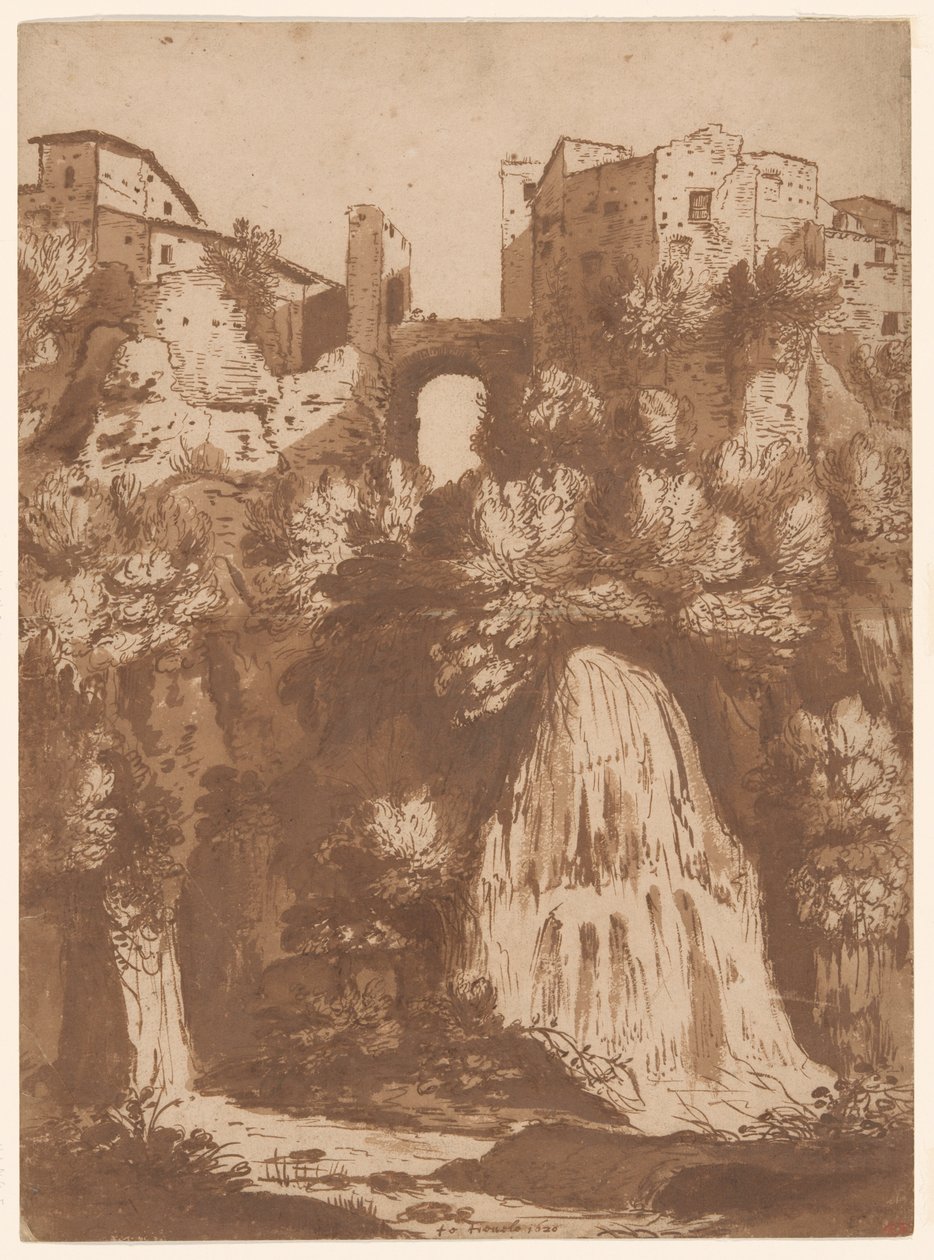 Uitzicht op Tivoli met de brug over de Anio-waterval door Cornelis van Poelenburgh