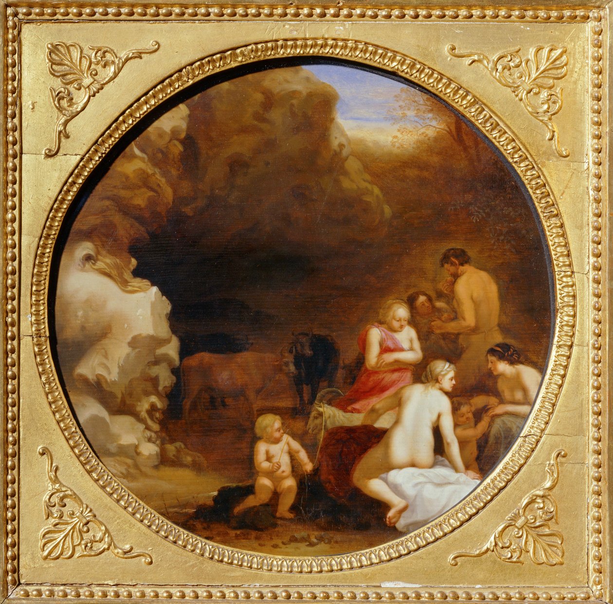 Nimf en sater bij de ingang van een grot ... door Cornelis van Poelenburgh or Poelenburch