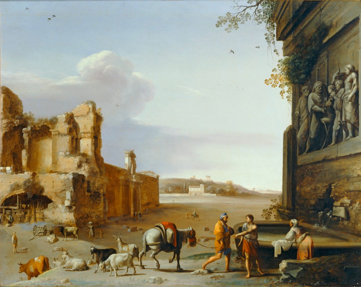 Ruïnes van het oude Rome met een bas-reliëf dat het offer van Marcus Aurelius voorstelt ... door Cornelis van Poelenburgh or Poelenburch