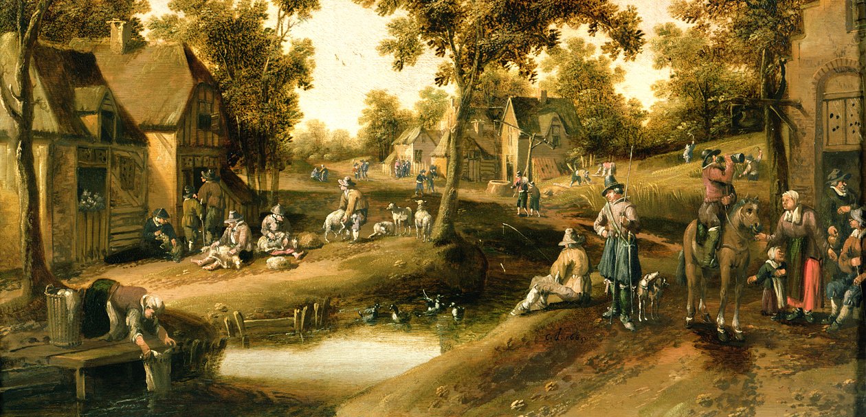 Een Dorpsscène met Boeren aan de Oevers van een Stroom door Joost Cornelisz. Droochsloot