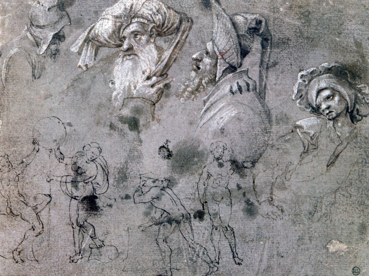 Studie met hoofden met uitdrukkingen, ca. 1468-1533 door Cornelius Engebrechtsz