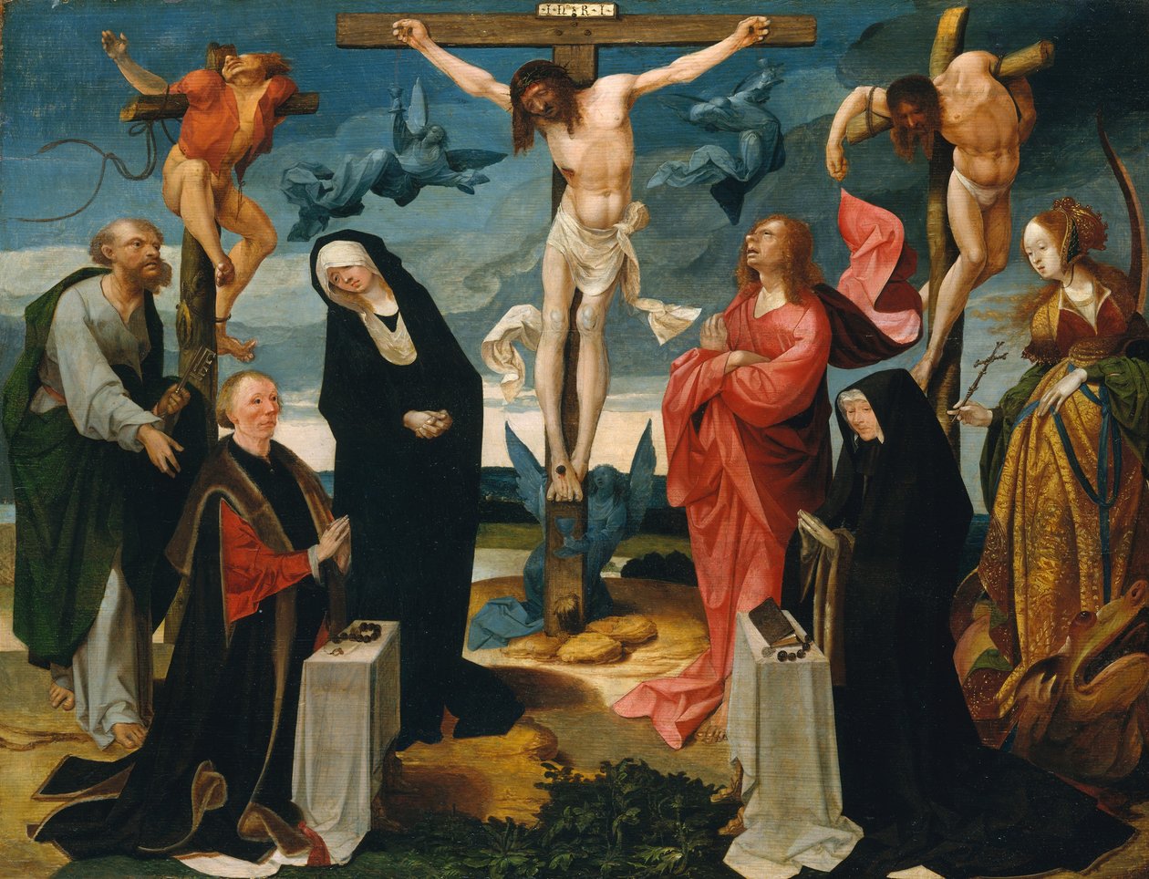 De Kruisiging met Donateurs en Heiligen Petrus en Margaretha door Cornelius Engebrechtsz