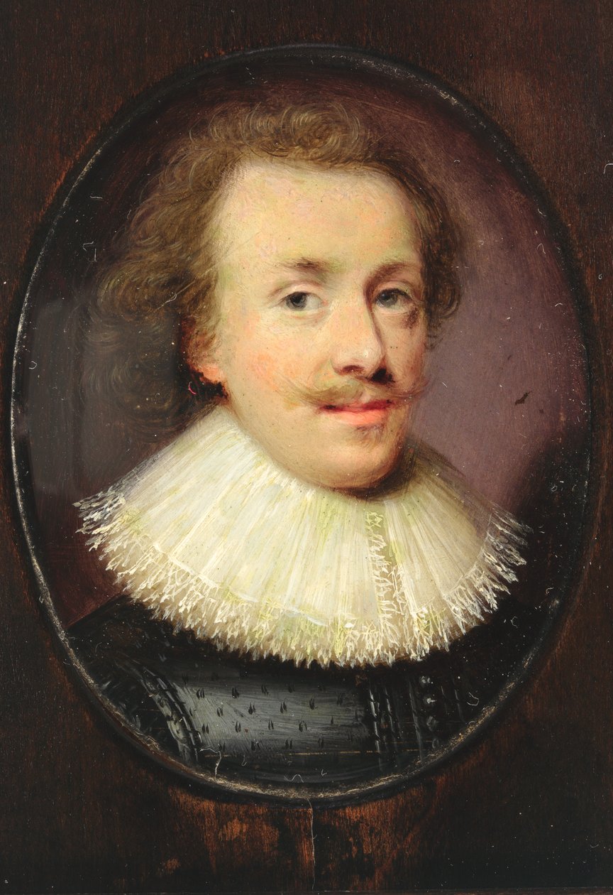 Een heer in zwart met kanten kraag door Cornelius I attr.to Johnson