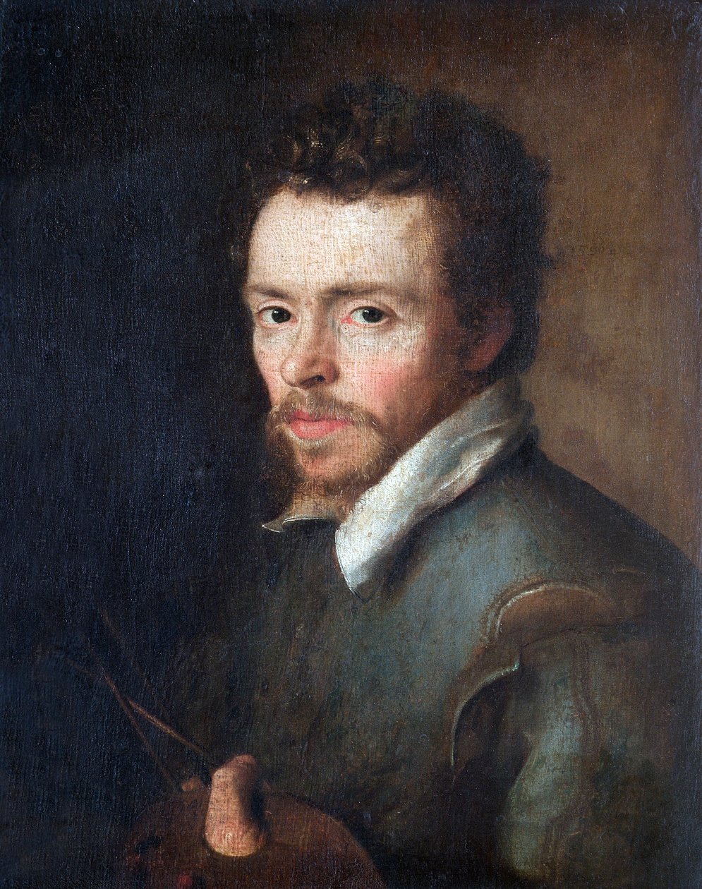 Zelfportret van een onbekende schilder met palet en penselen door Cornelius Ketel