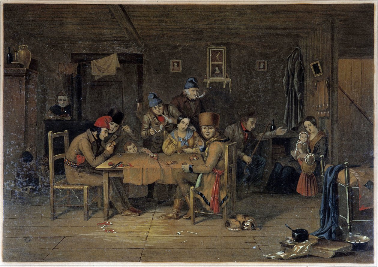 Franse kolonisten in Canada die kaarten spelen - schilderij door Krieghoff door Cornelius Krieghoff