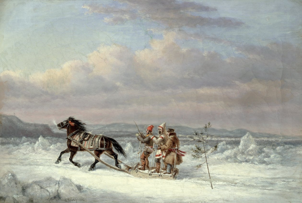 Jagers in een paardenslee door Cornelius Krieghoff