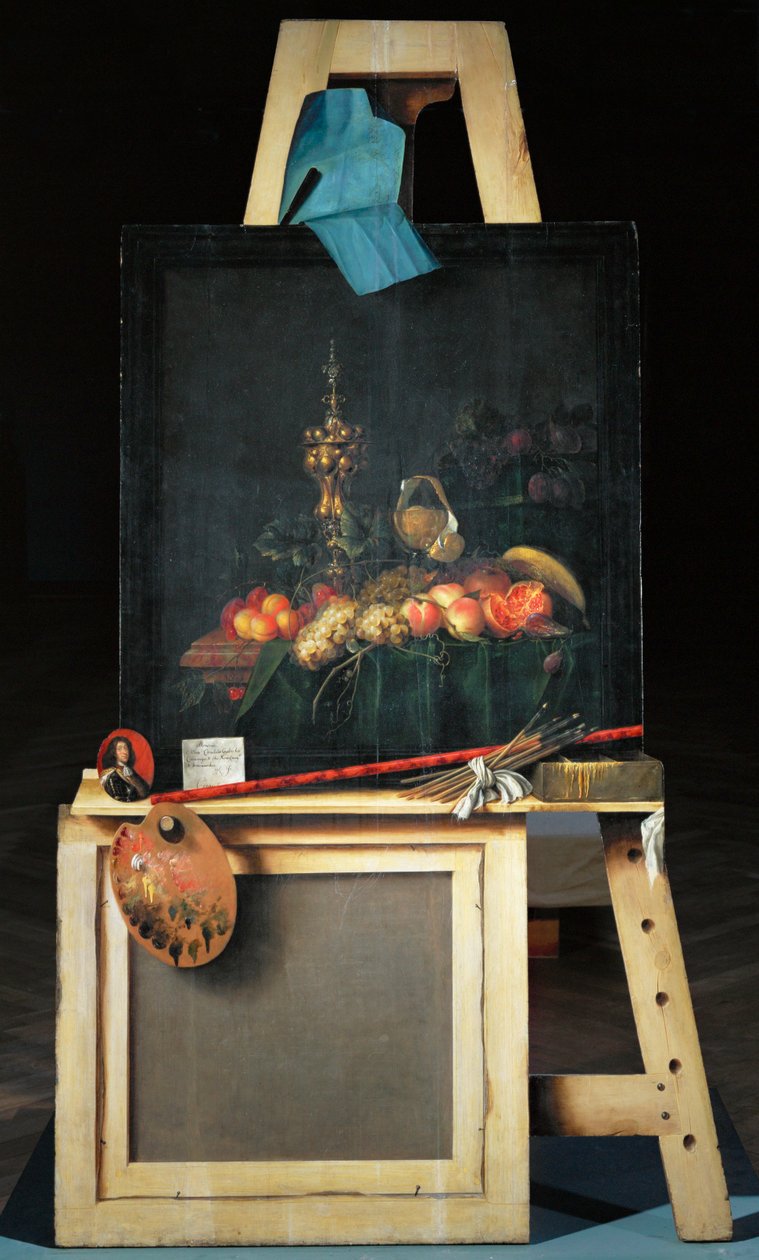 Schildersezel met fruitstuk (schilderij op doek) door Cornelius Norbertus Gysbrechts