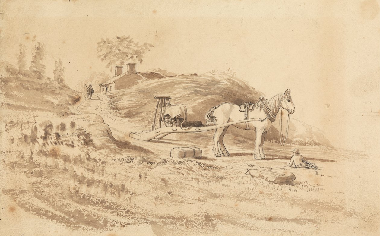 Een Paard dat een Sleep Voorttrekt door Cornelius Varley
