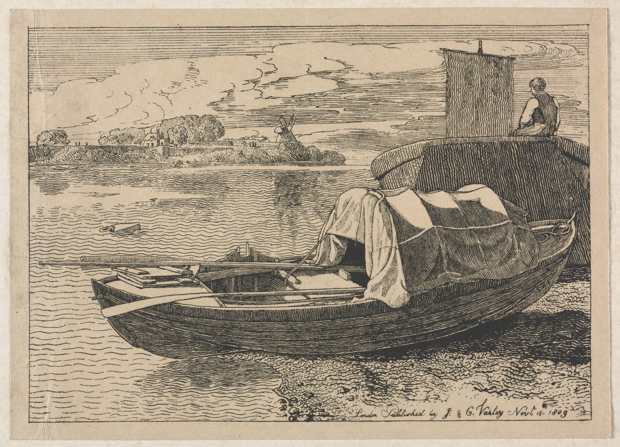 Boten op een rivier, molen in de verte, 1809 door Cornelius Varley