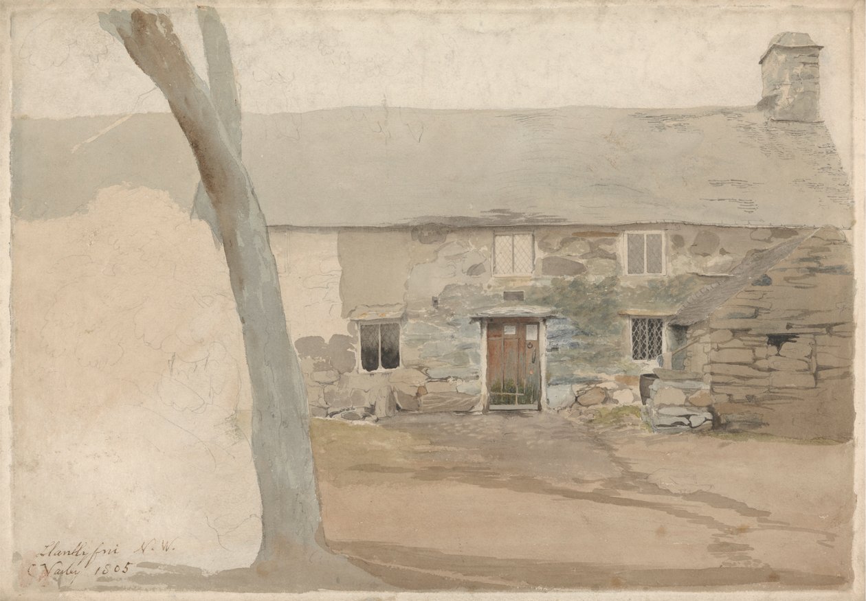 Cottages in Llanllyfni, Noord-Wales door Cornelius Varley