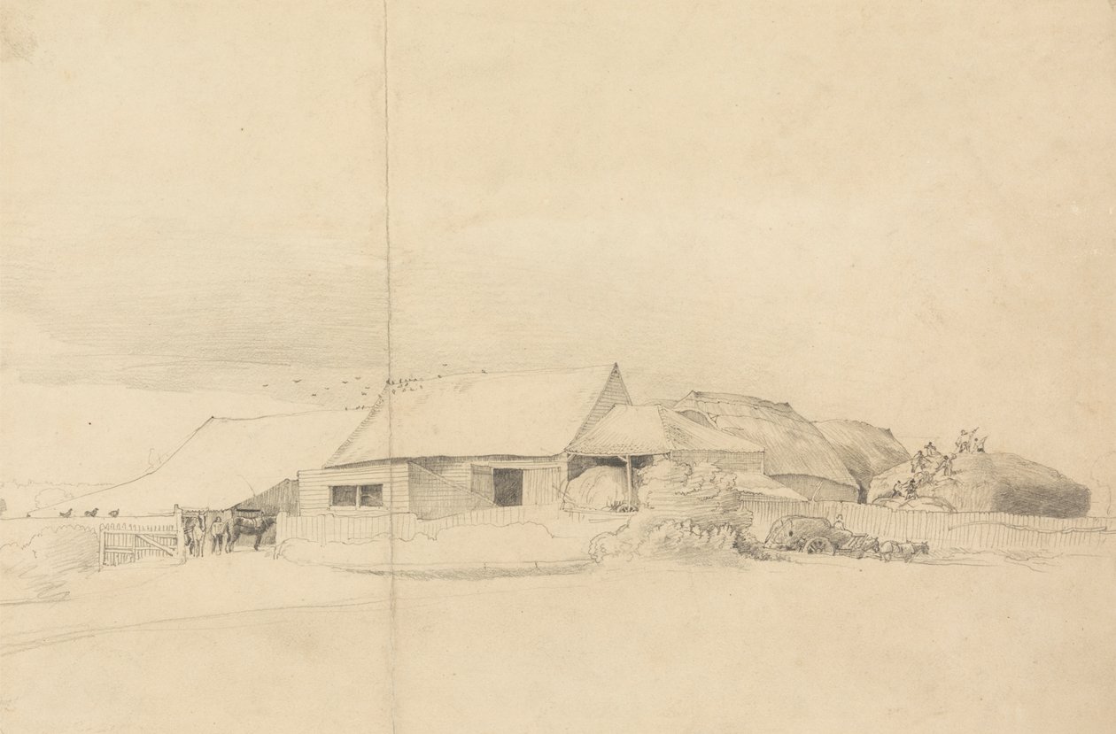 Boerderijgebouwen met Stapelmakers door Cornelius Varley