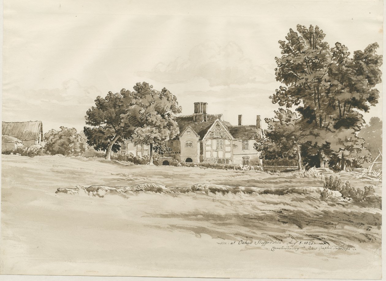 Oaken - Boerderij: sepia was tekening, 5 aug 1820 door Cornelius Varley