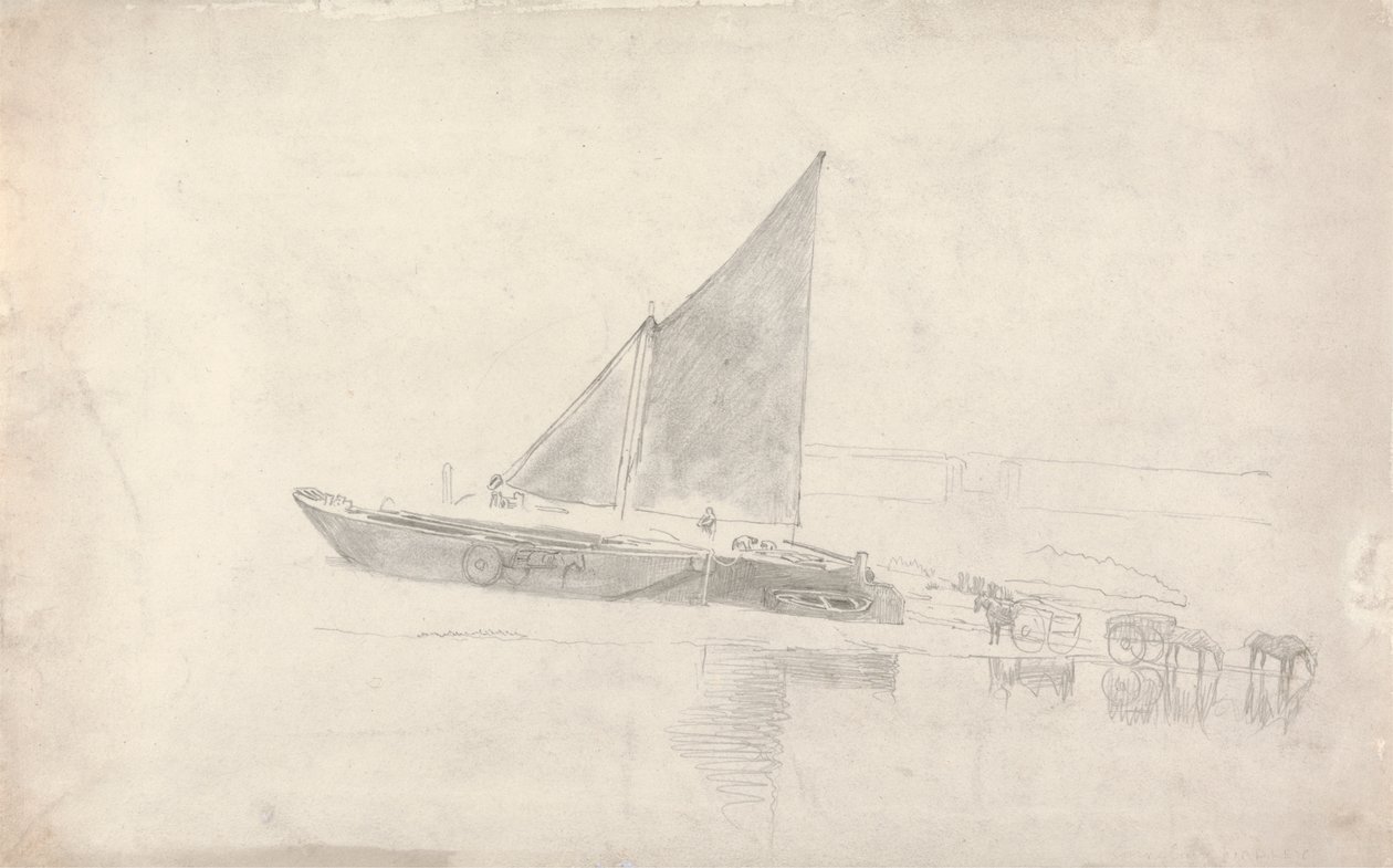 Studie van boten met paarden en karren door Cornelius Varley