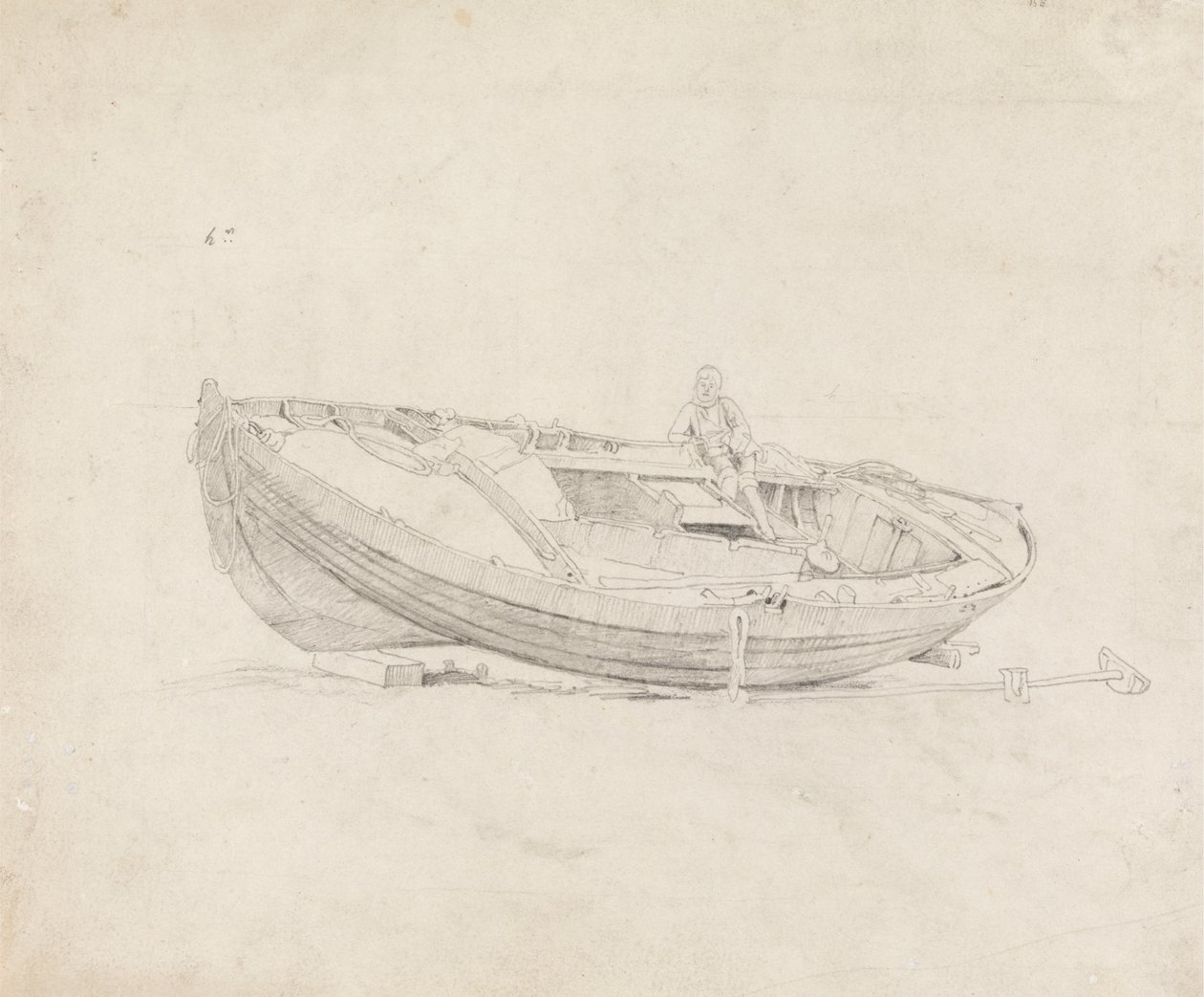 Studie van afgemeerde boot met zittend figuur door Cornelius Varley