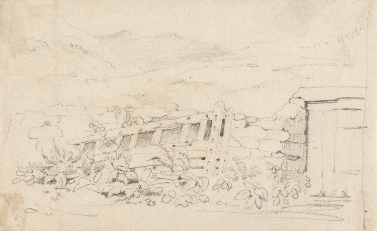 Studie van een Stenen Muur en een Poort door Cornelius Varley