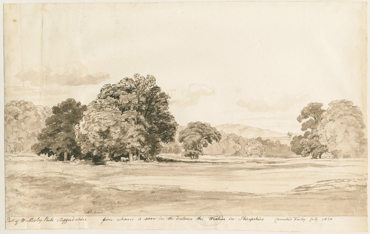 Wrottesley Park: sepia tekening, jul 1820 door Cornelius Varley