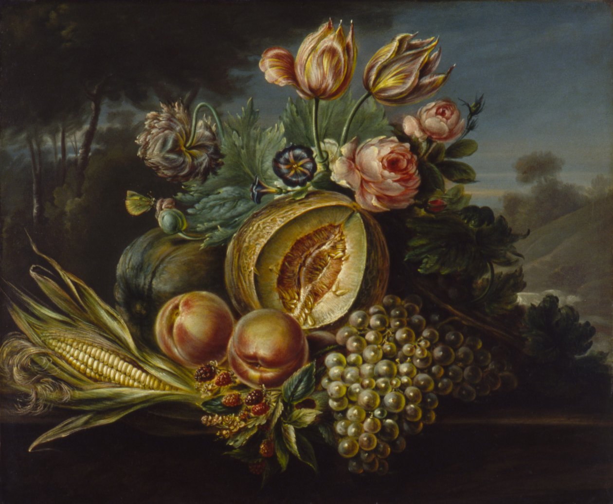 Stilleven met fruit en bloemen door Cornelius de Beet