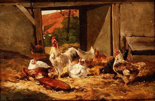 Kippen in een Schuur door Cornelius van Leeputten