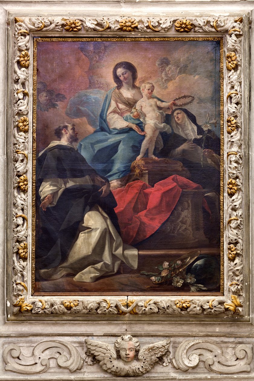Kerk van de SS Salvatore, interieur, Altaar van de Rozenkrans, Onze-Lieve-Vrouw van de Rozenkrans, Canvas door Corrado Giaquinto (1703-1766), Poggiardo, Lecce, Puglia (foto) door Corrado Giaquinto