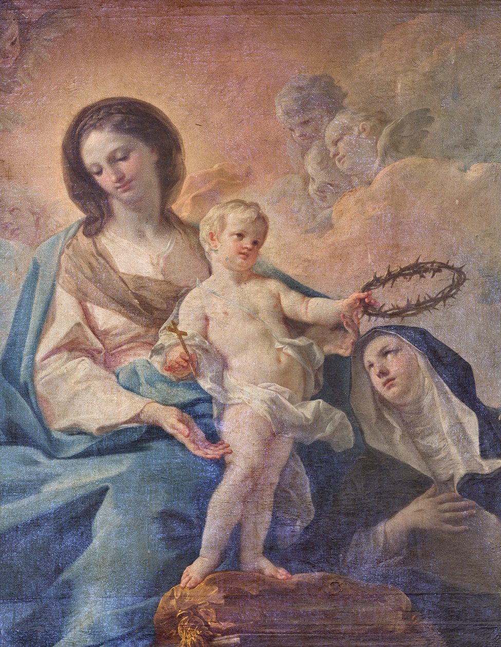 Kerk van de SS Salvatore, interieur, Altaar van de Rozenkrans, Onze-Lieve-Vrouw van de Rozenkrans, Canvas door Corrado Giaquinto (1703-1766), detail, Poggiardo, Lecce, Puglia (foto) door Corrado Giaquinto