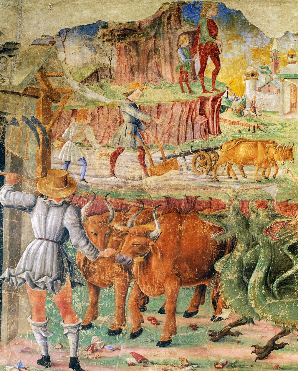 Agrarisch beeld, detail (Triomf van Ceres, scène uit de maand augustus, ca. 1470, toegeschreven aan Cosimo Tura en Meester van Ercole, fresco, noordmuur, Hal van de Maanden, Palazzo Schifanoia, Ferrara, Emilia-Romagna, Italië) door Cosimo (attr. to) Tura