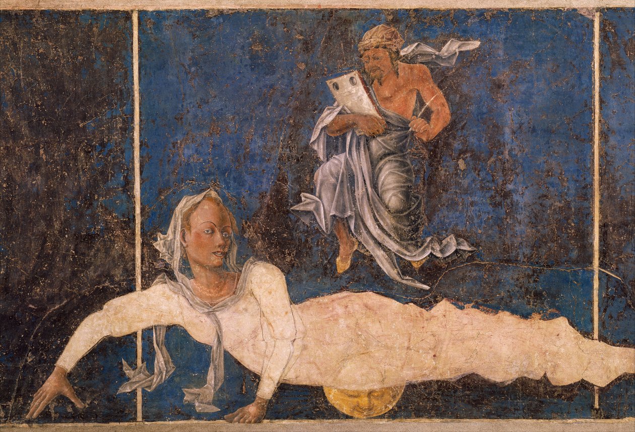 Maagd met deken, scène uit Maand Augustus, ca 1470, toegeschreven aan Cosimo Tura door Cosimo (attr. to) Tura