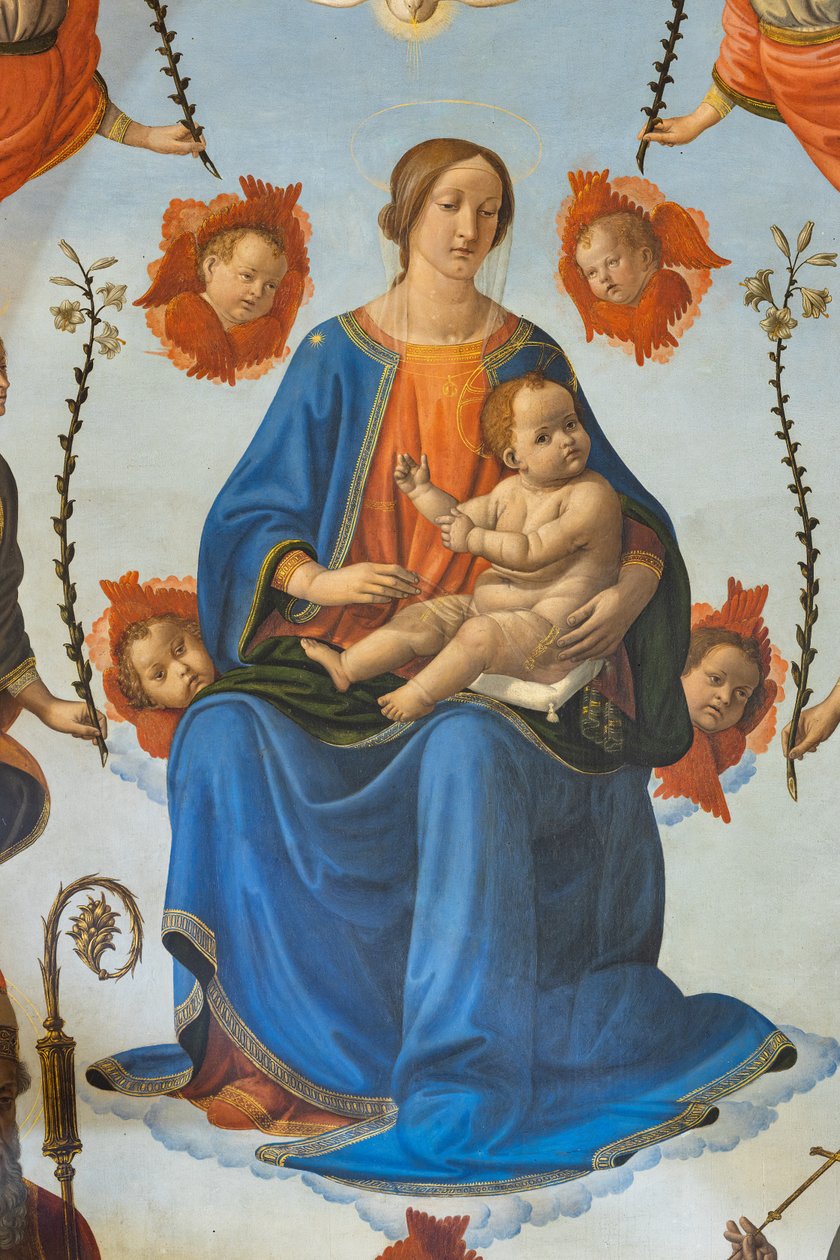 Madonna met Kind in glorie, Sint Ambrosius, Sint Franciscus van Assisi, God de Vader en engelen, Altaarstuk, detail (fresco) door Cosimo Rosselli