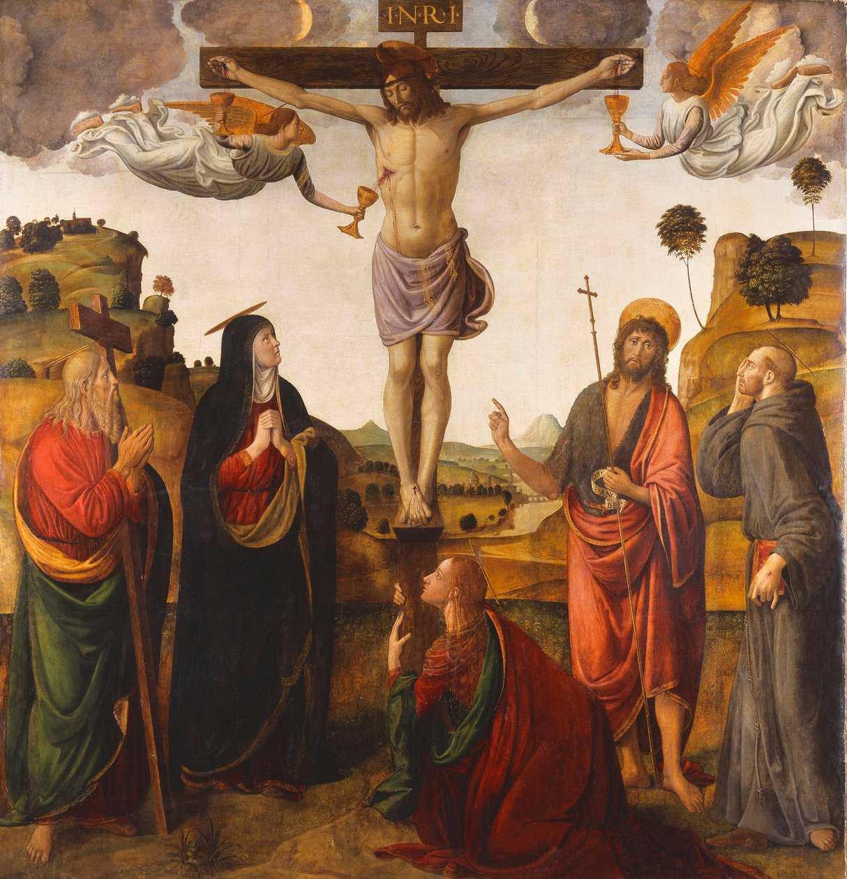 De kruisiging met de Madonna, heiligen Johannes de Doper, Maria Magdalena, Andreas en Franciscus, 1503 door Cosimo Rosselli