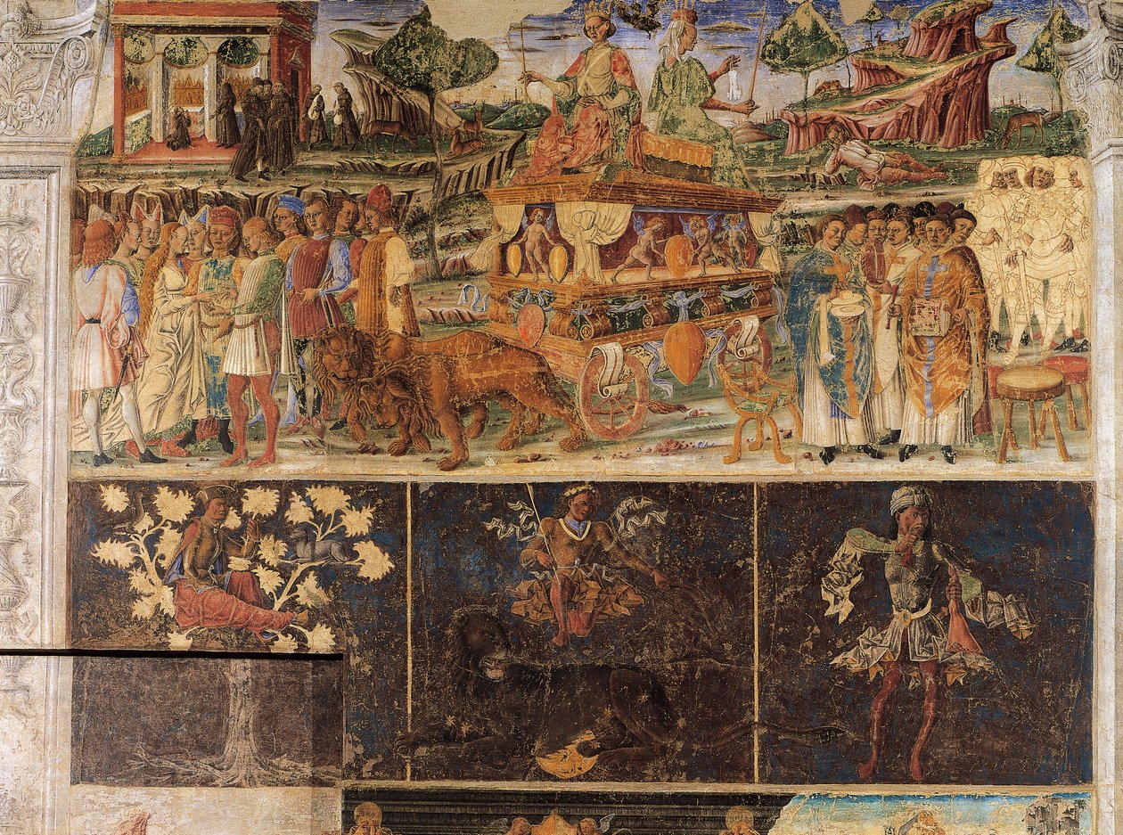 Triomf van Jupiter en Cybele en Teken van Leeuw, scènes uit Maand juli, fresco, noordmuur, Hal van de Maanden, Palazzo Schifanoia (Paleis van Vreugde), Ferrara, Italië, circa 1470 door Cosimo Tura