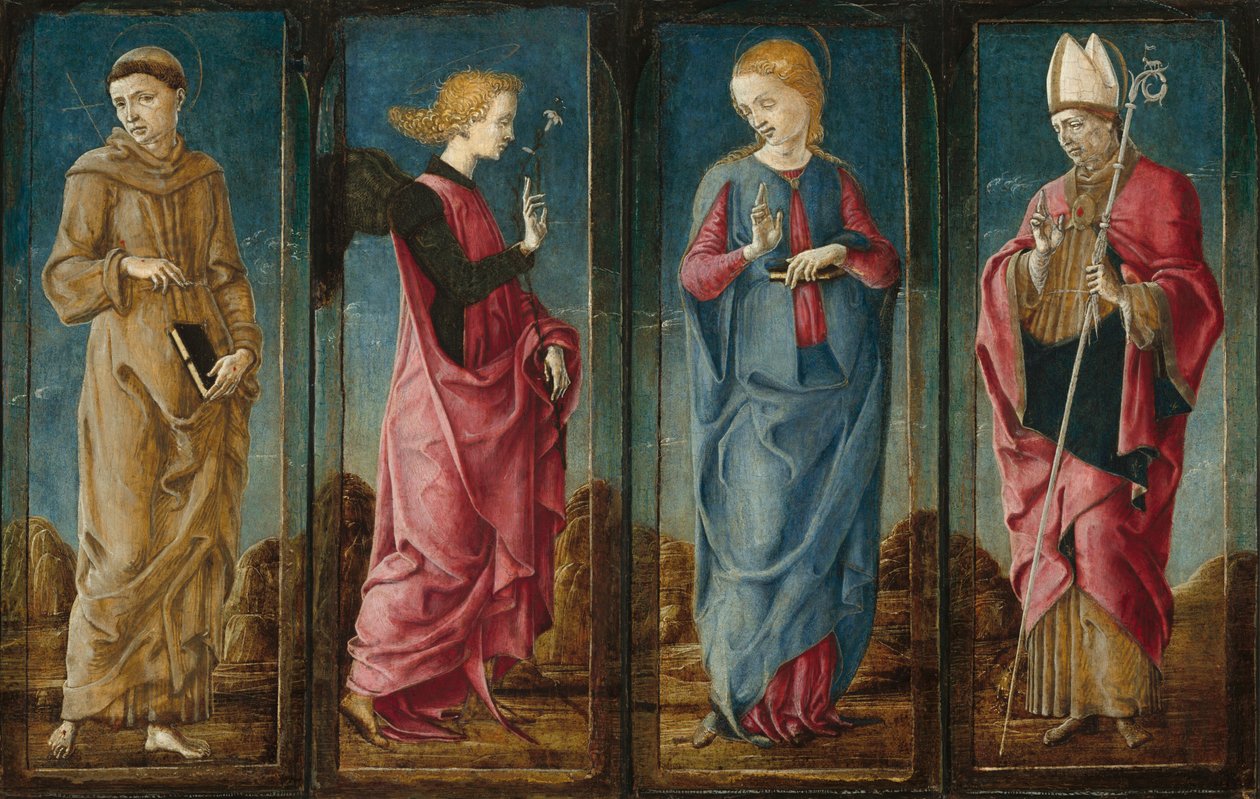 De Annunciatie met Sint Franciscus en Sint Louis van Toulouse door Cosmè Tura